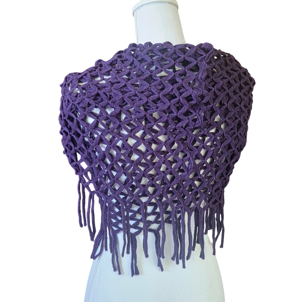 Steve Madden Witchy Whimsical Goth Purple Open Knit Crochet Fringe Shawl Scarf - Picture 2 of 11